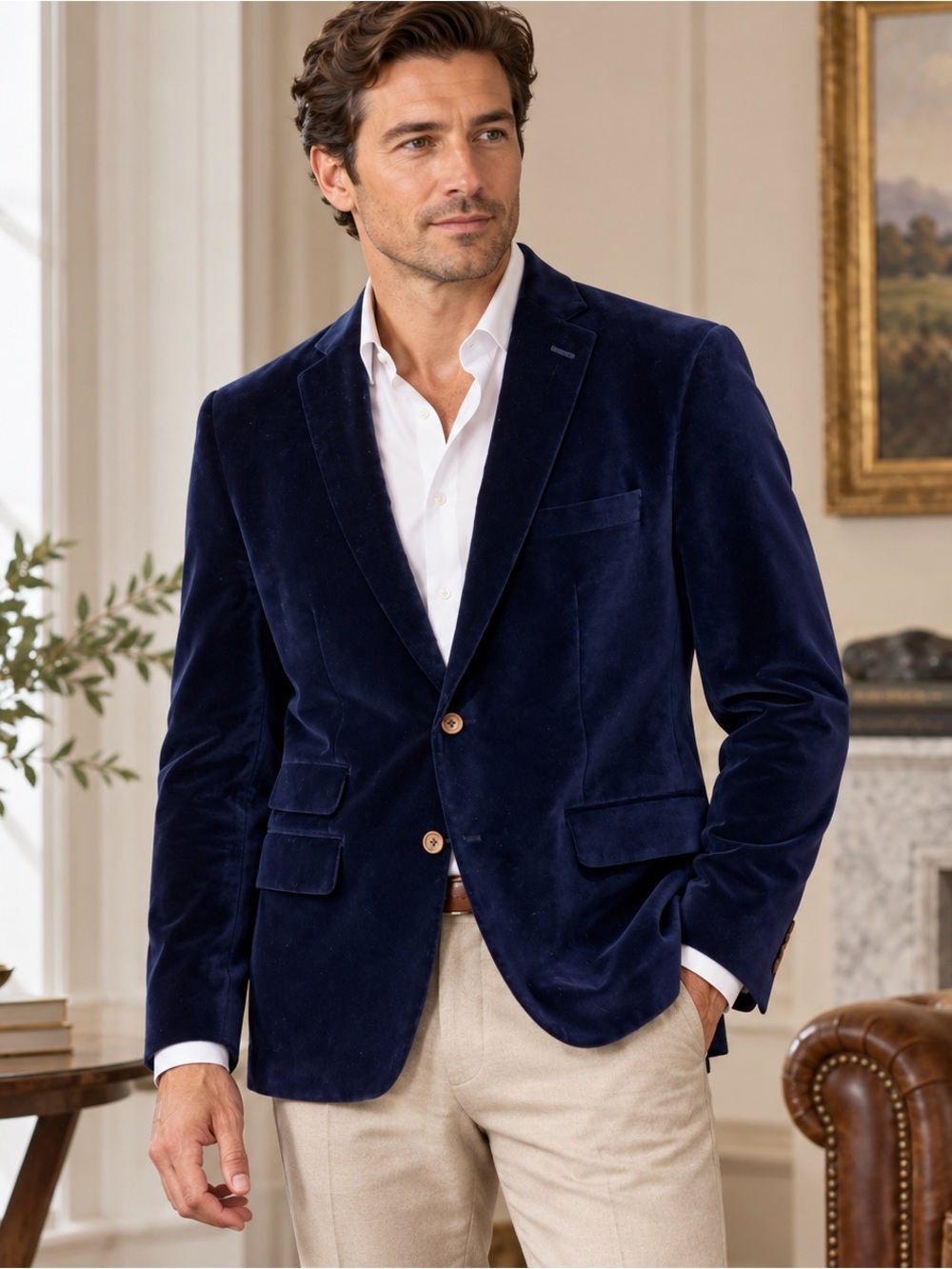 Men’s Navy Velvet Blazer 42R Luxe Evening Sport Coat Notch Lapel 2 Button